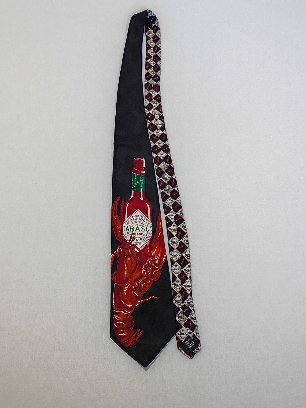 Vintage Tabasco Tie Men Silk Lobster Hot Sauce Bottle Novelty Necktie Black USA